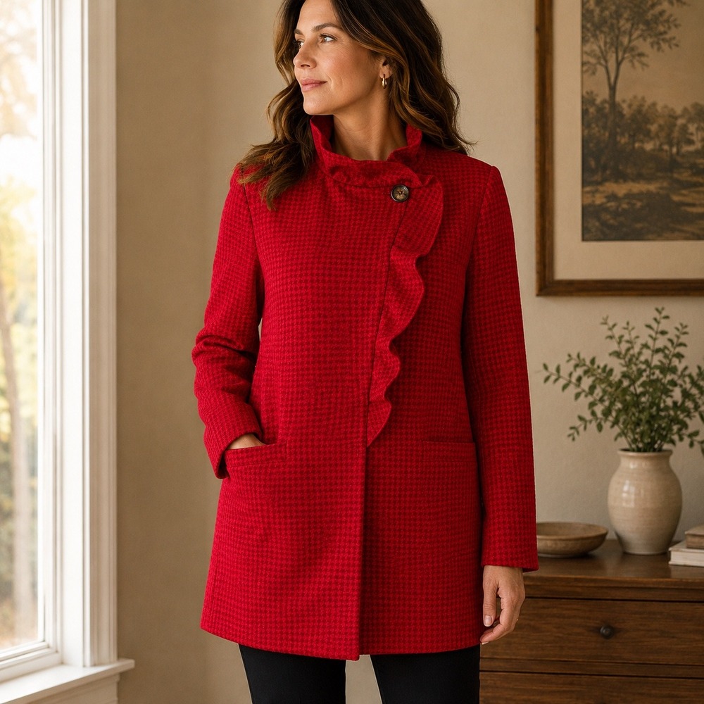 Cabi Celebration Jacket Red Houndstooth Ruffle‎ Front Coat Womens L NWT